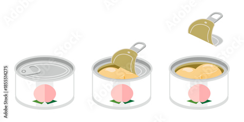 缶詰不要の白桃の缶詰を開けるイラスト　ミニサイズ