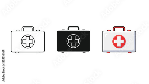First aid kit icons set outline, solid black and color variations of medical emergency box with cross symbol