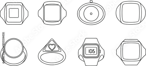 Outline Vector Collection of Smart Rings, Digital Watch Rings, and Fashion Jewelry Icons Isolated on White Background