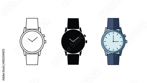 Three styles of wristwatches outline, solid black and colored analog watch icons