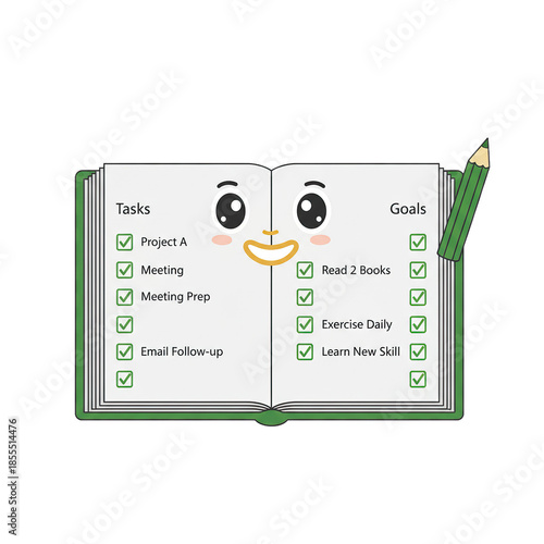 Smiling notebook with task and goal checklist