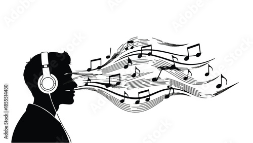 Silhouette of a person enjoying music through headphones, with notes flowing outwards.