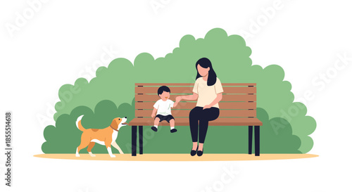 Young mother and her small child sit together on a park bench while their friendly beagle dog plays nearby in the grass.