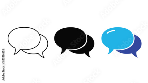 Set of three speech bubble icons, outline, solid black and blue color variations, communication symbols