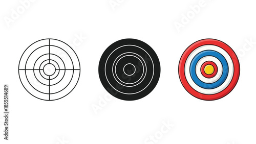 Three types of target boards outline, solid black and colorful archery target, representing goals and accuracy