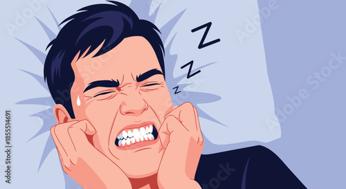 Stressed young man grinds his teeth while sleeping in bed, suffering from the condition of bruxism and jaw pain.