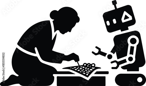 Grandmother teaching traditional festival crafts to a robot