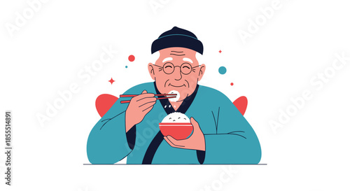 Happy elderly Asian man wearing a traditional blue robe and hat smiles as he eats a bowl of white rice with chopsticks.