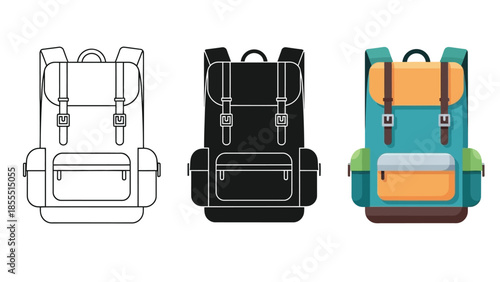 Set of three backpack icons outline, silhouette and colored illustration