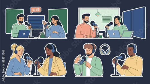 Diverse People Engaging in Live Podcasts and Radio Broadcasts
