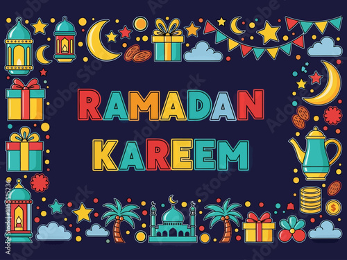 Colorful Ramadan Kareem doodle background featuring lanterns, gifts, dates, and palm trees. Ideal for Islamic holiday greeting cards, festive banners, and social media posts.
