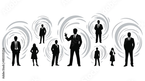 Diverse group of business professionals standing together amidst swirling abstract patterns.