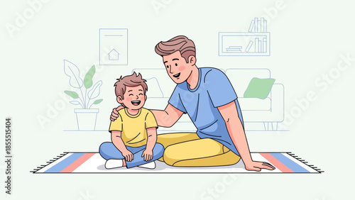 Joyful father and son sharing a happy moment at home sitting on a colorful rug
