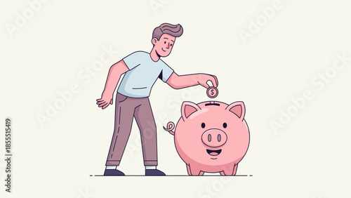 Young man saving money by depositing coins into a piggy bank for future savings