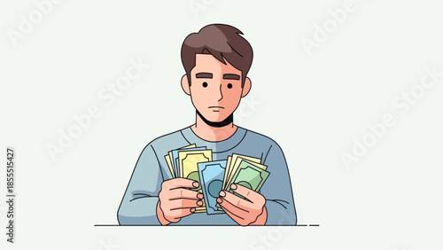 Young man contemplating and handling multiple bills and cash notes with