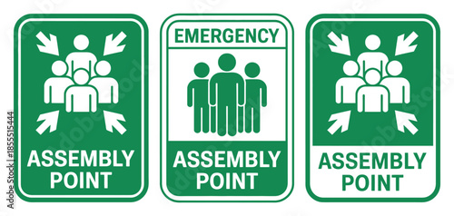Assembly point sign set bundle showing emergency symbols, evacuation meeting area icons, printable safety poster elements, vector illustration template design for workplace and public guidance.