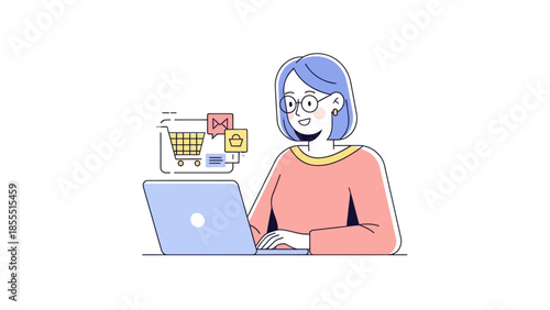 Online Shopping and E-Commerce Concept Featuring Smiling Woman with Laptop and