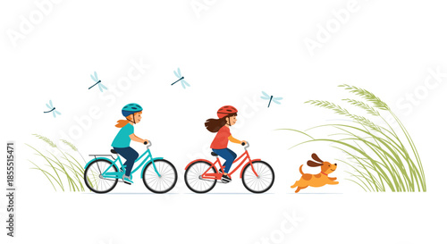 Two young girls wearing safety helmets enjoy a scenic bicycle ride through tall grass while their happy dog runs alongside.