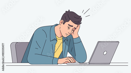 Young man experiencing frustration or fatigue while working on a laptop at desk