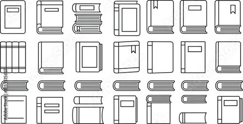Outline book icon set collection with various closed, open, and stacked books for education, reading, school, and library vector design.