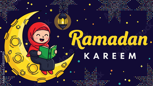 Cute cartoon Muslim girl in hijab reading Quran while sitting on a crescent moon. Ramadan Kareem background with night sky and festive light patterns for children.