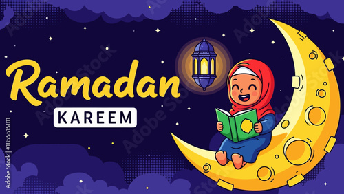 Cute cartoon Muslim girl in hijab reading Quran while sitting on a crescent moon. Ramadan Kareem background with night sky and festive light patterns for children.