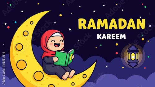 Cute cartoon Muslim girl in hijab reading Quran while sitting on a crescent moon. Ramadan Kareem background with night sky and festive light patterns for children.