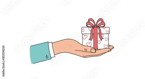 Simple line art illustration of a hand gently holding a small gift box decorated with a heart pattern and tied with a ribbon.