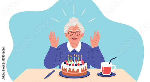 Happy elderly woman celebrating her birthday with a joyful and surprised expression in front of a festive cake with candles.