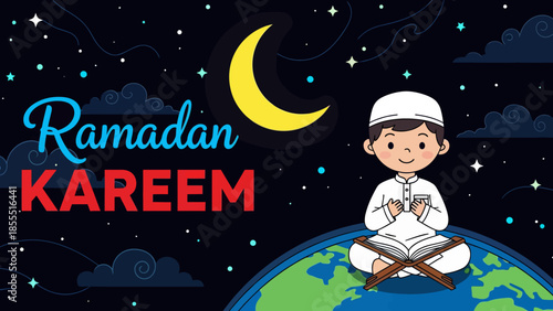 Cute cartoon illustration of a Muslim boy reading Quran on Earth under a starry night sky with crescent moon. Ramadan Kareem greeting card background for kids and education.