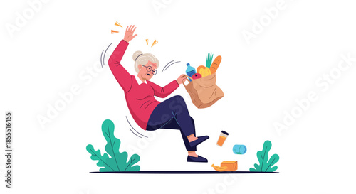 Elderly woman having a slip and fall accident on a banana peel while carrying groceries, highlighting the risk of falling.