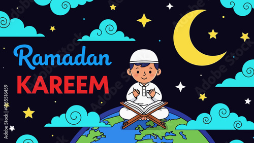 Cute cartoon illustration of a Muslim boy reading Quran on Earth under a starry night sky with crescent moon. Ramadan Kareem greeting card background for kids and education.
