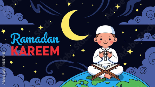 Cute cartoon illustration of a Muslim boy reading Quran on Earth under a starry night sky with crescent moon. Ramadan Kareem greeting card background for kids and education.