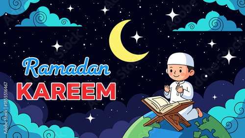Cute cartoon illustration of a Muslim boy reading Quran on Earth under a starry night sky with crescent moon. Ramadan Kareem greeting card background for kids and education.