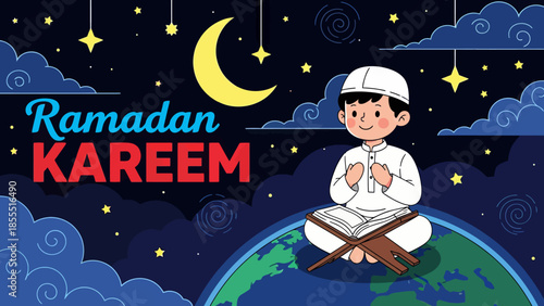 Cute cartoon illustration of a Muslim boy reading Quran on Earth under a starry night sky with crescent moon. Ramadan Kareem greeting card background for kids and education.