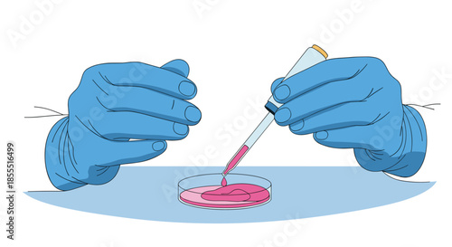 Scientist in blue gloves using a pipette to carefully transfer a pink liquid sample into a petri dish for an experiment.