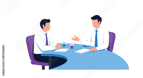 Two businessmen in formal attire sitting at a table and engaging in a serious professional discussion or business meeting.