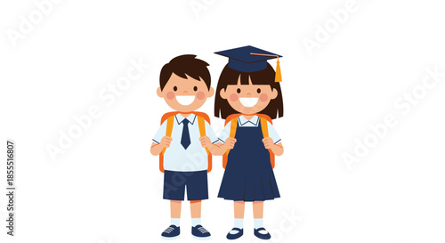 Happy elementary school students, a boy and a girl in uniform with backpacks, ready for learning and academic success.