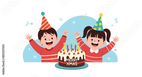 Cheerful boy and girl in party hats celebrating with a Merry Xmas cake, raising their hands in excitement and joy for the holiday.