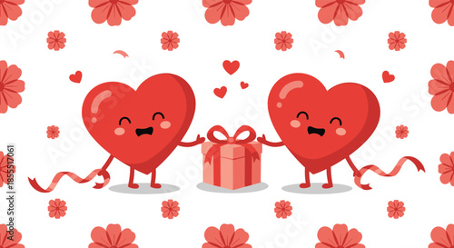 Two adorable smiling heart characters holding a gift box together on a festive background with flowers for Valentine's Day.