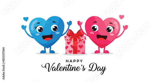 Happy Valentine's Day greeting card featuring a cute blue and pink heart couple cheering next to a festive gift box present.