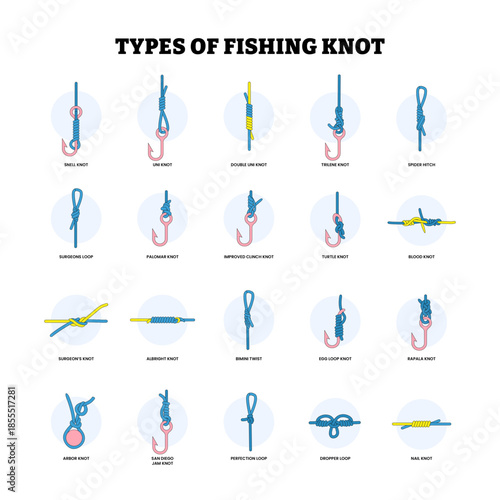 Different types of fishing knots types example  with various loops, twists and knots for fisherman or fish catching. Rope bonding style. Flat vector illustration.