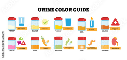 Different types of urine color guide types shows a hydration chart. Sample cups and color scale. transparent to dark brown and other hues for health cues. Medical vector illustration