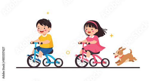 Happy children, a boy and a girl, having fun riding their bicycles together while their cute pet dog runs alongside them.