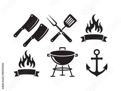 Black and white set grilling cooking anchor cleaver fork spatula barbecue