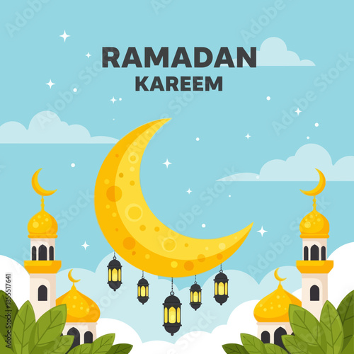 Ramadan Kareem illustration featuring crescent moon with hanging lanterns and mosque silhouettes on a blue sky background, ideal for Islamic greetings, banners, posters, social media, and festive desi