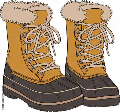Pair of Insulated Tan and Brown Boots with Fur Trim and Laces for Cold Weather.