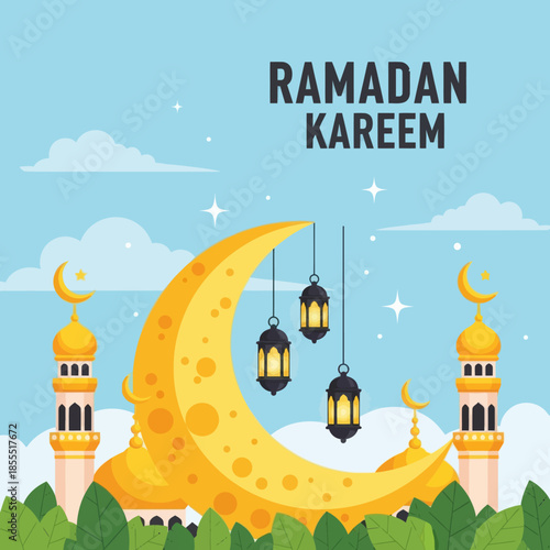 Ramadan Kareem illustration featuring crescent moon with hanging lanterns and mosque silhouettes on a blue sky background, ideal for Islamic greetings, banners, posters, social media, and festive desi