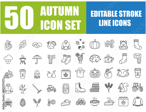 Autumn and Fall Line Icons Set, Seasonal Editable Stroke Vector Illustration of Pumpkin, Turkey, Maple Leaf, Falling Leaves, Rain, Mulled Wine, Acorn, Harvest, Halloween, Thanksgiving, Cozy Season, Se
