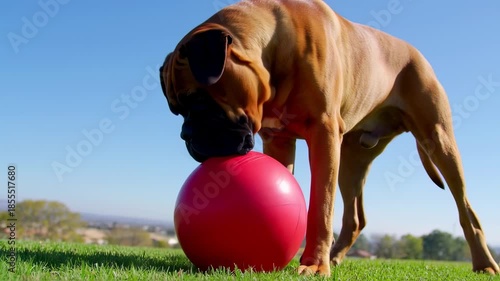 Magnificent Bullmastiff playing with a vibrant red ball on a sunny day outdoors